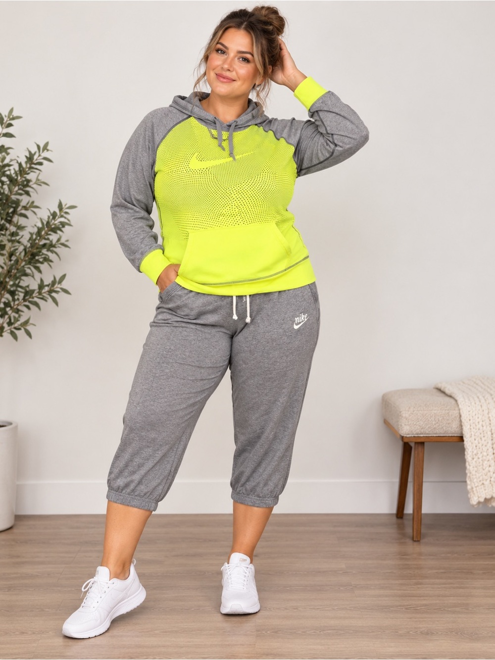 Nike Grey & Neon Yellow Women's Capri Sweatpants Set
